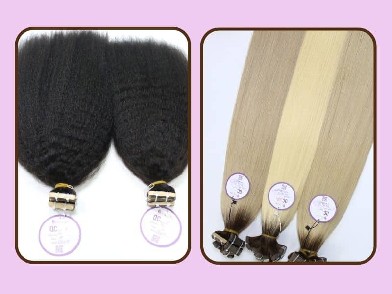 Kinky straight and natural straight tape-in hair extensions of Macsara Hair