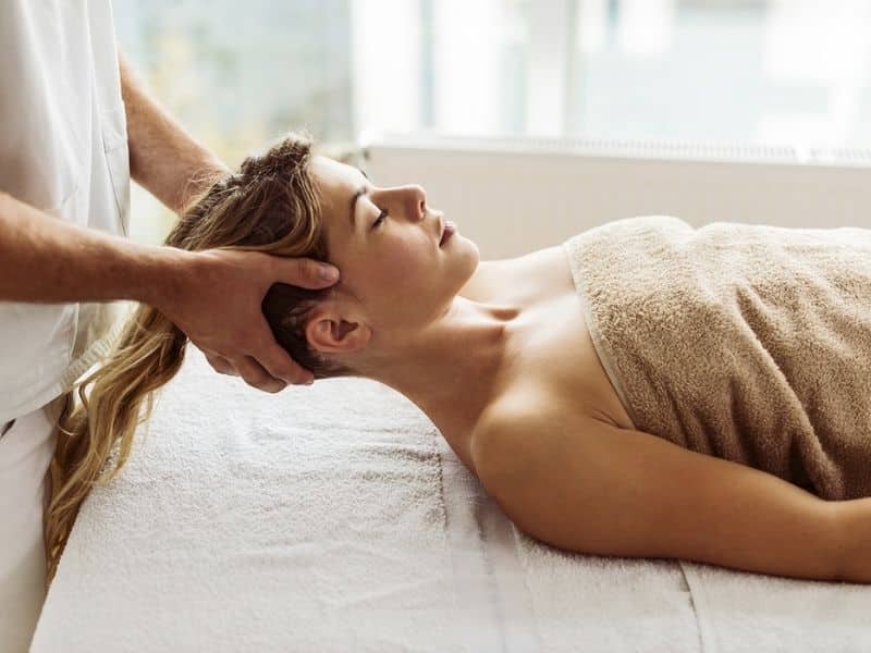 Scalp massage involves massaging the head, ears, and the back of the neck