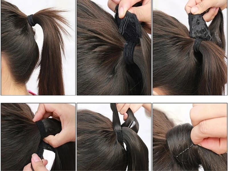 Wearing ponytail hair extensions with wrap-around strap