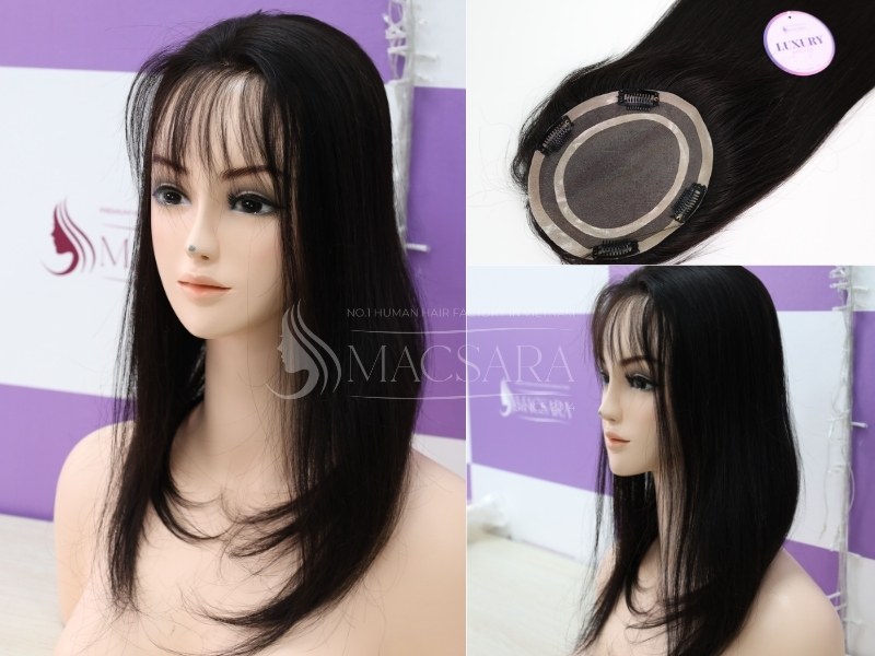 Macsara Hair’s human hair topper with bangs