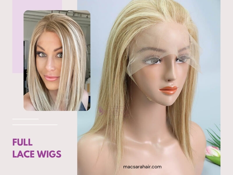 Full lace wigs feature a lace base that covers the entire wig