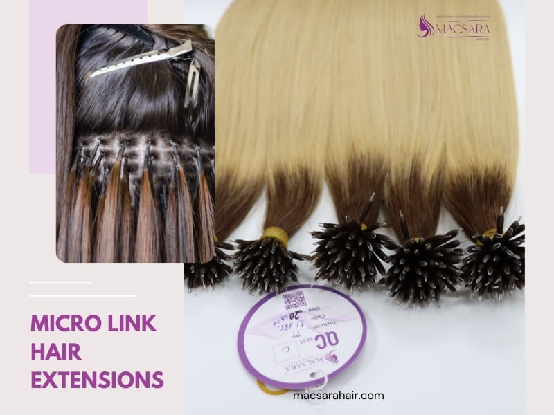 Micro link extensions are applied using tiny beads that clamp onto natural hair