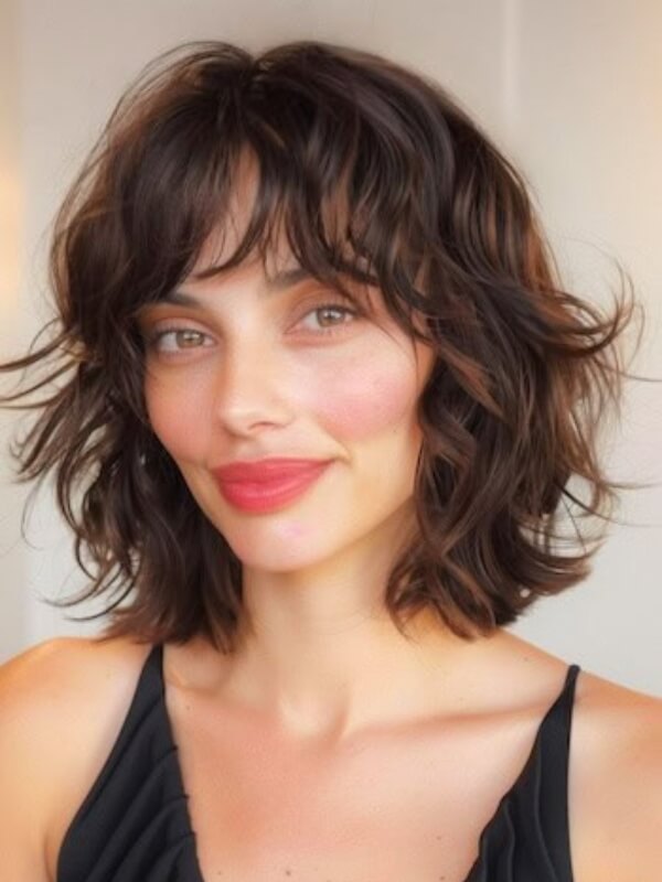 Shaggy layers paired with wavy texture create a cool, rock-inspired hairstyle