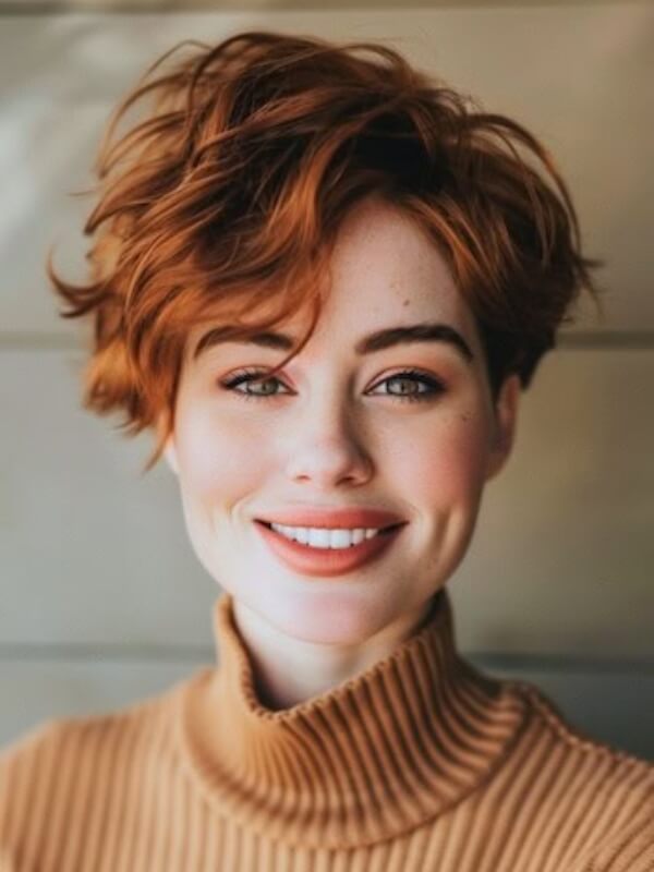 This short, wavy pixie cut is all about embracing texture and creating a carefree look