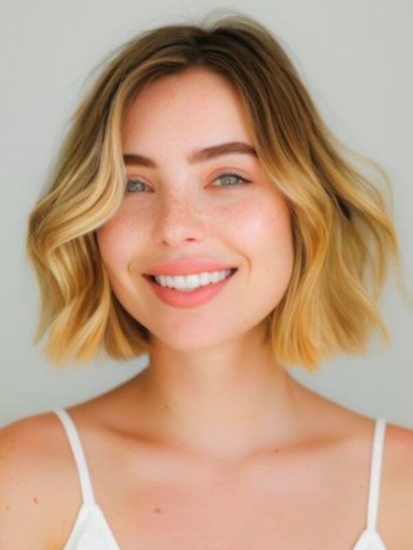 This sleek, blunt bob features a touch of wave, creating a stylish yet playful silhouette