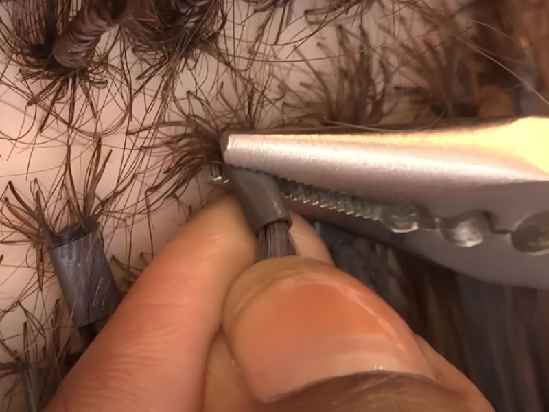 Using pliers, clamp the shrink tube tightly around the hair